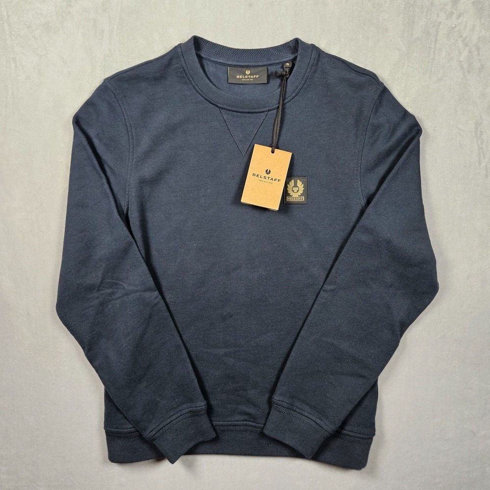 NEW Belstaff Cotton Fleece Crew Sweatshirt Mens Small Blue Dark Ink Logo England